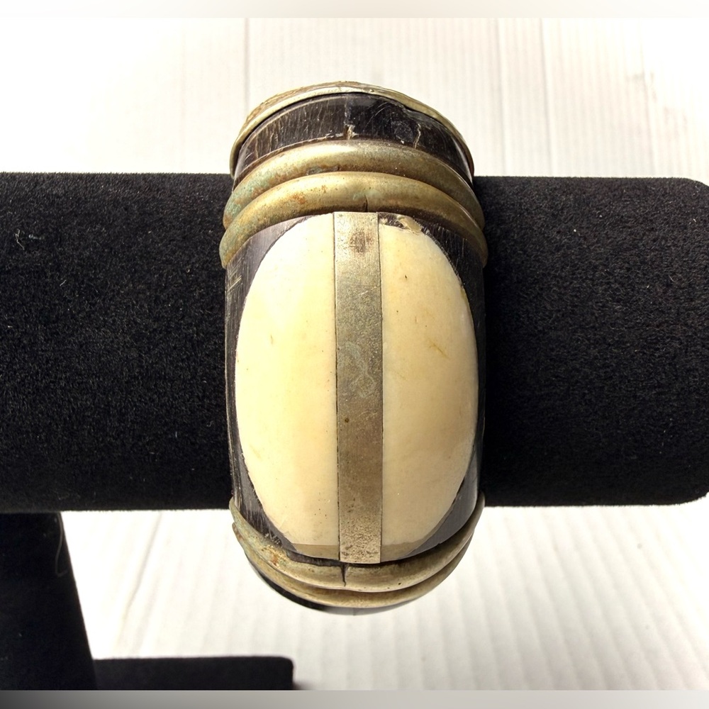 Vintage Bone Brass Wood Bangle Hinged Bracelet Bohemian Chinky Wide Hippie 80s